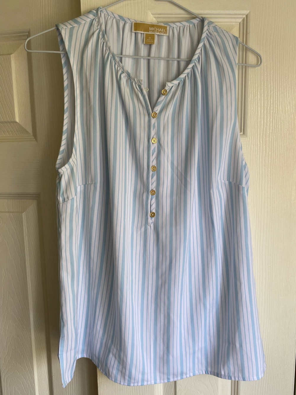 Michael Kors Light Blue & White Striped Sleeveless pop over Top